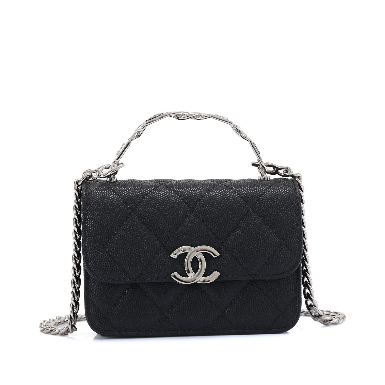 샤넬 로고 탑핸들 캐비어 블랙 풀박스 