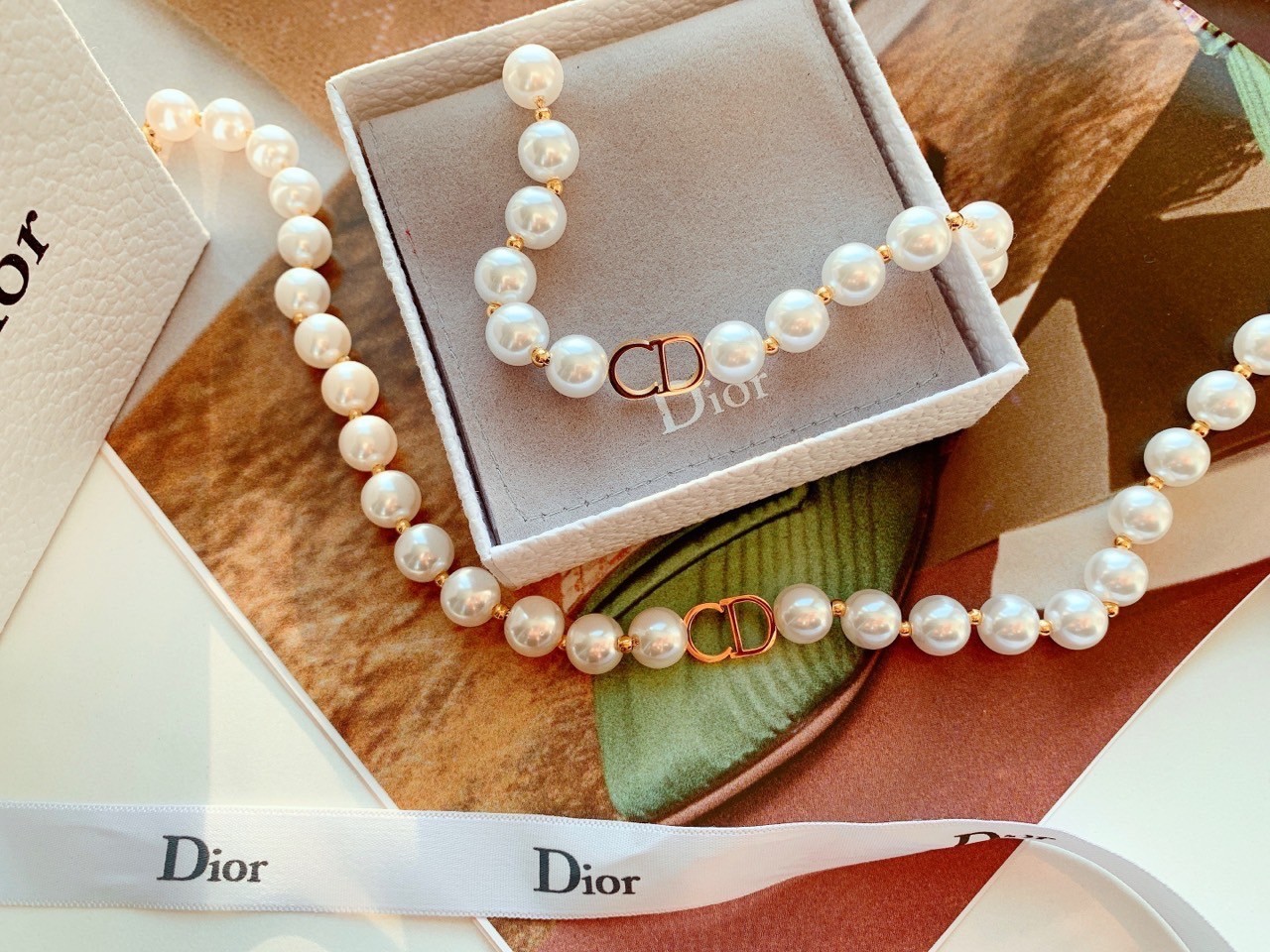 디올 진주 목걸이 팔찌