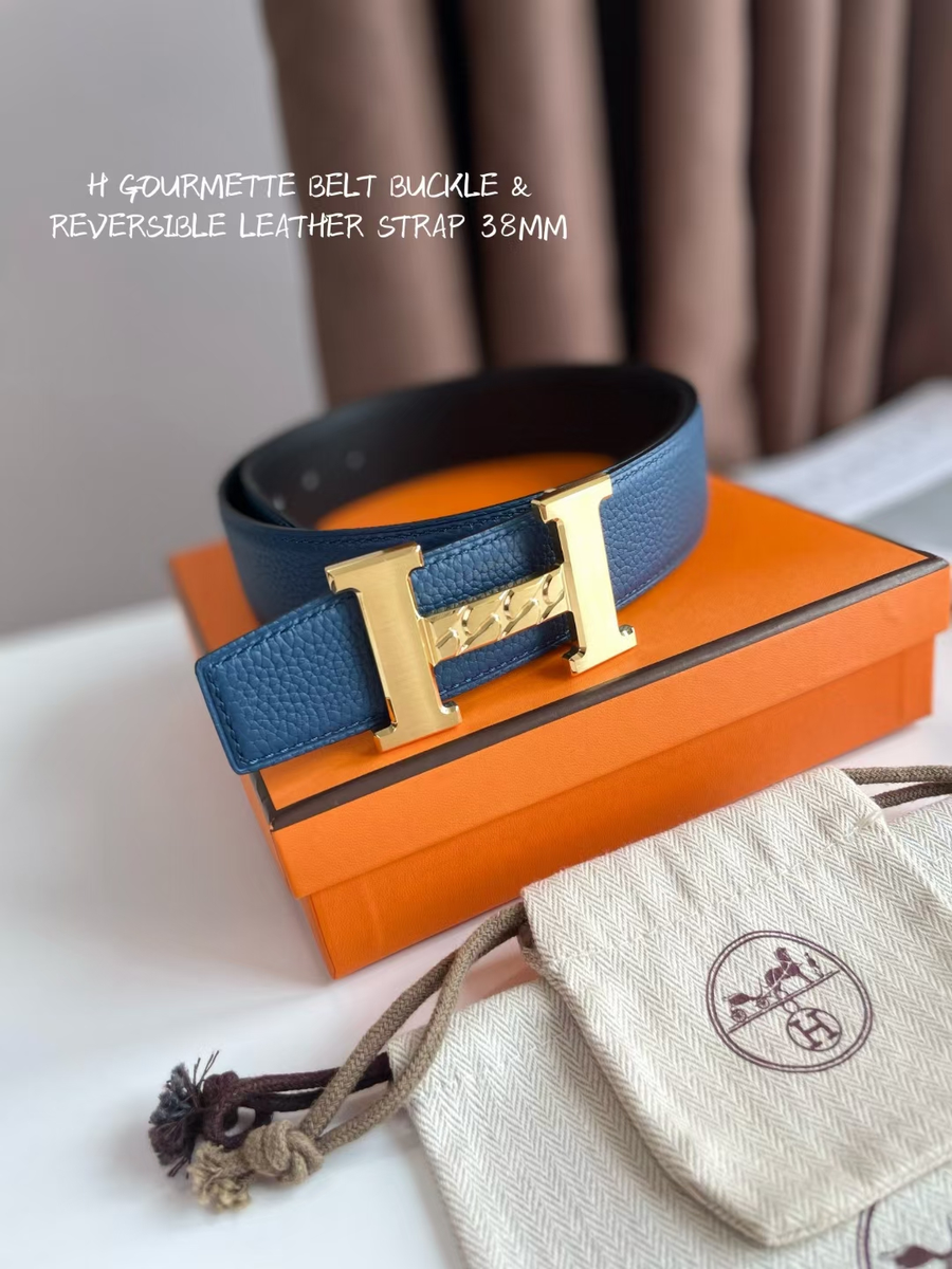에르메스 2022 H GOURMETTE 체인 H 버클 리버시블 벨트 블루 컬러