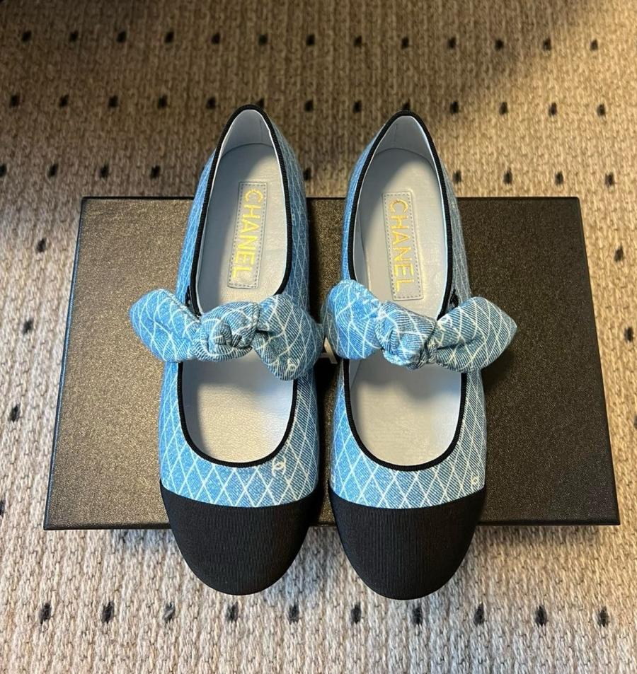 샤넬 메리제인 데님 리본 플랫슈즈