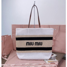 미우미우 5BG228 라피아 코튼 토트백