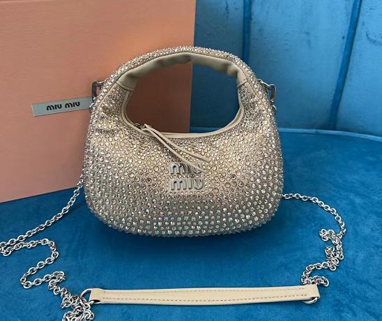 미우미우 5BP078 새틴 실크 크리스탈 큐빅 미니 호보백