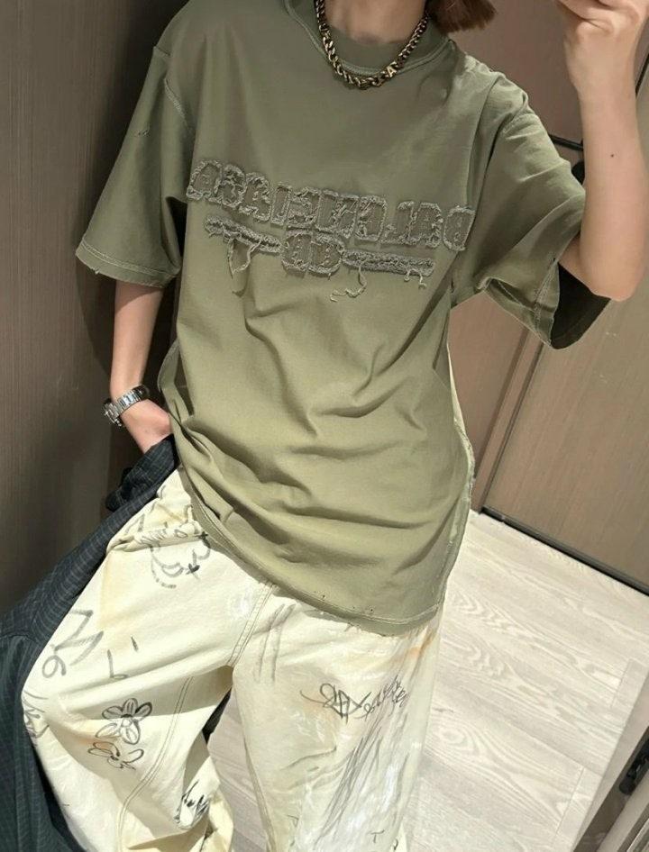 발렌시아가 아플리케자수 컷팅 반팔 티셔츠 남녀공용 (국내배송)