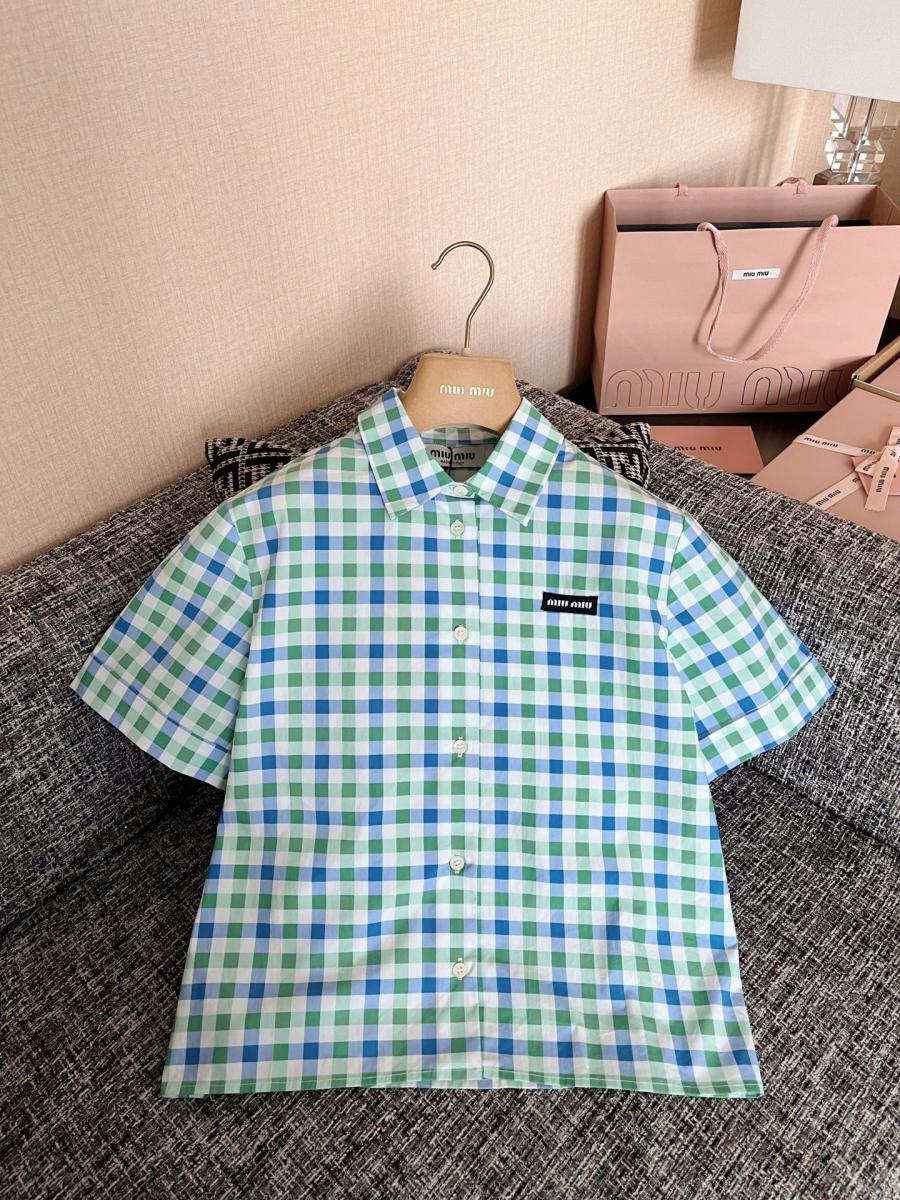 미우미우 깅엄 체크 포플린 반팔셔츠