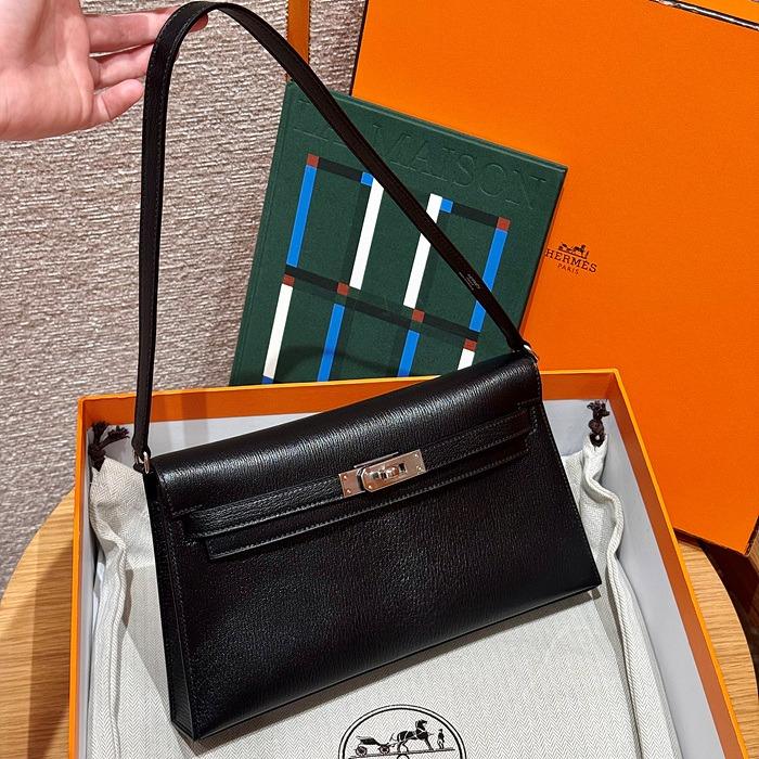 에르메스 켈리 엘란 올수공 쉐브레 레더 (컬러 누아 은장)