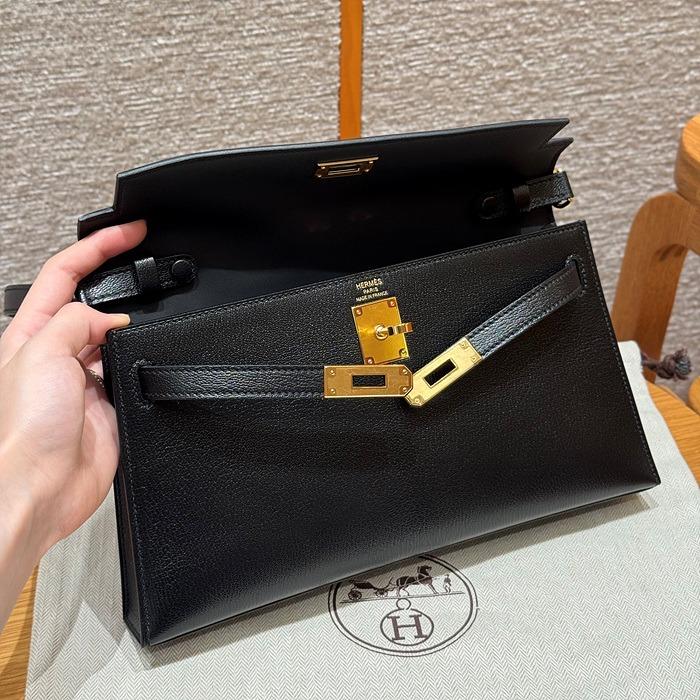 에르메스 켈리 엘란 올수공 쉐브레 레더 (컬러 누아 금장)