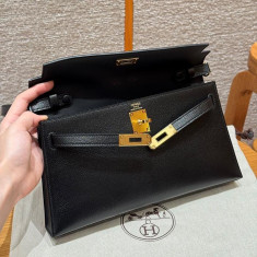 에르메스 켈리 엘란 올수공 쉐브레 레더 (컬러 누아 금장)