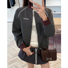 미우미우 우먼 그레이 핀스트라이프 블루종 자켓 & 스커트