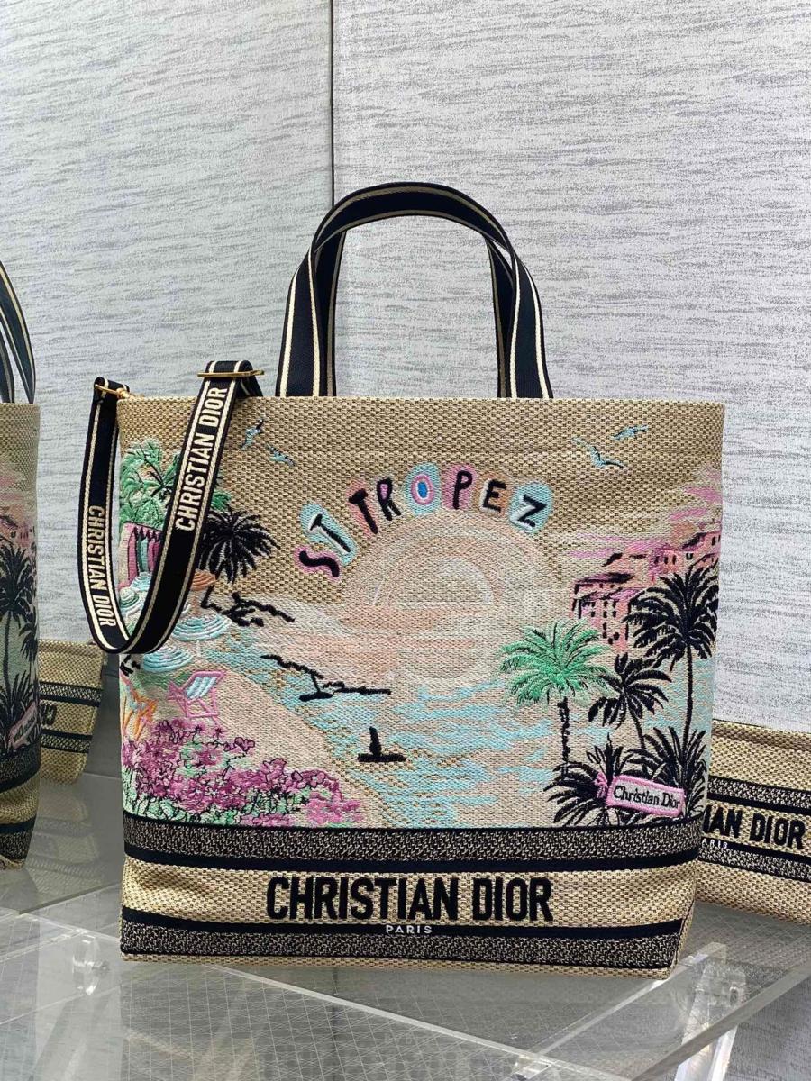 디올 자수 라탄 토트백 미듐, 라지