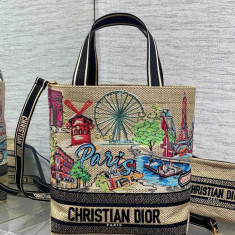 디올 자수 라탄 토트백 미듐, 라지